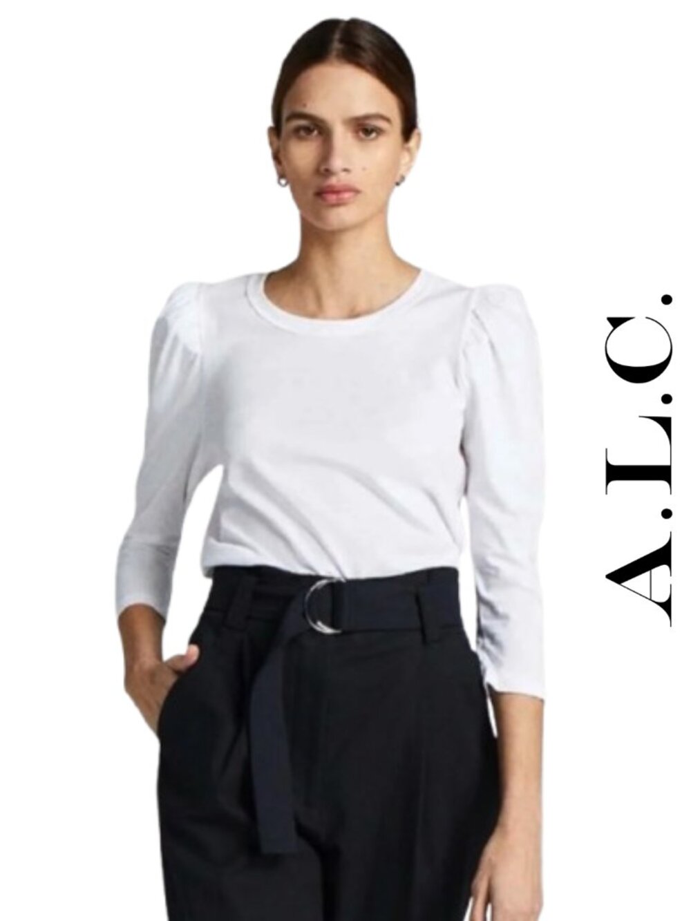 A.L.C. Karlie Puff Sleeve Top Size L White Crewneck Tee